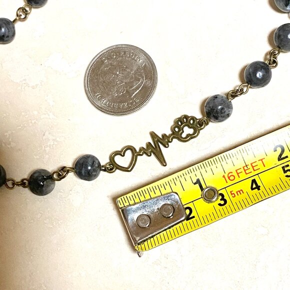 Natural Dark Larvikite Necklace, Bronze Paw Print Heart Beat + Genuine Gemstone - Picture 12 of 14